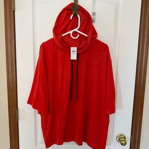 J.Jill Fit Contrasted Drawstring Short Sleeve Blood Orange French Terry Hoodie